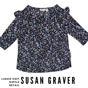 Susan Graver Comfort Stretch Knit Ruffle Sz M Floral Print Pullover Top Blouse